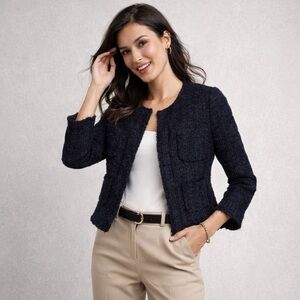 Tara Jarmon Black Silver Office Siren Fringe Tweed European Designed Jacket Sz S